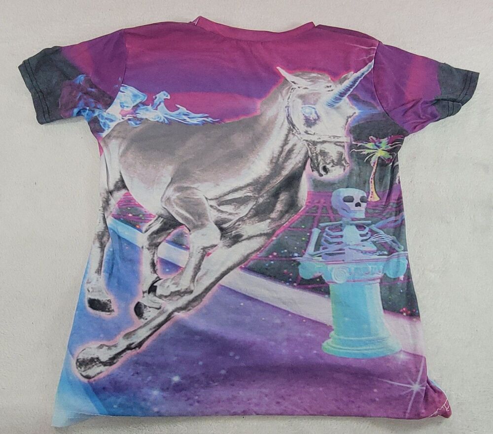Vaporwave Blue Purple Unicorn All Over Print AOP Graphic T-Shirt Tee Small S
